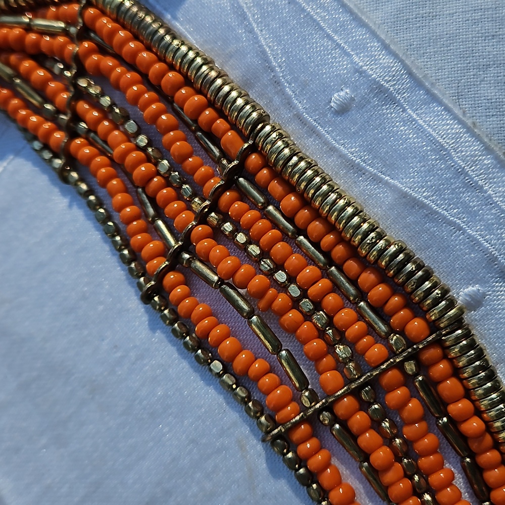Bright Orange and Gold Toned Bead Multi Strand Expanding Bead Necklace #171 - Picture 2 of 5
